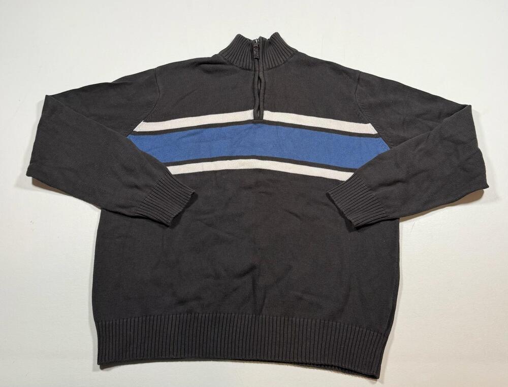 Eddie Bauer Sweater Mens XL Gray 1/4 Zip Mock Neck Striped Knit Pullover Casual